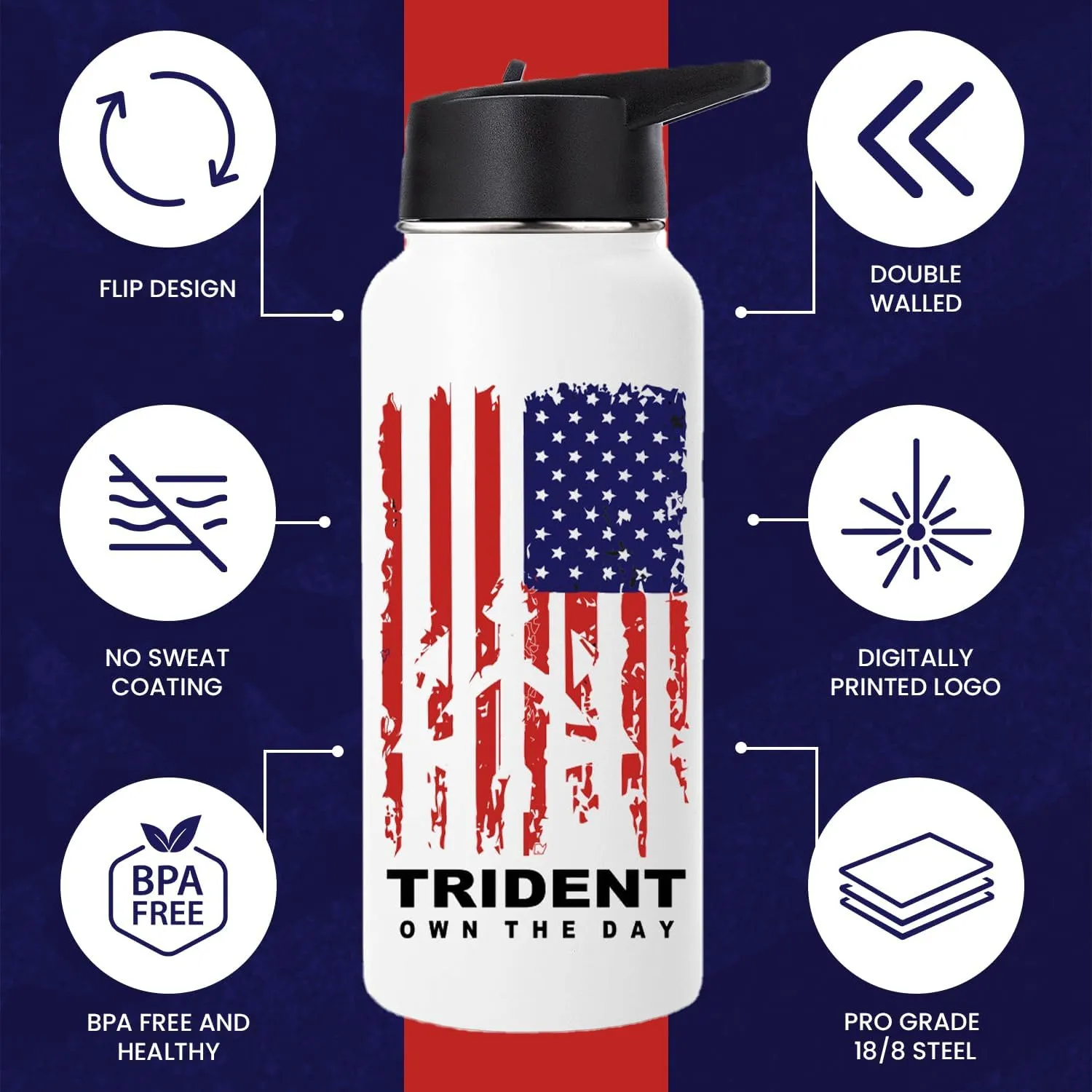 American Flag Water Bottle, 32 oz Insulated Water Bottle, Reusable Water Bottle with Straw, Leak Proof Water Bottles, Thermos Water Bottle - Combat Veteran Small Business (White, 32 Oz)