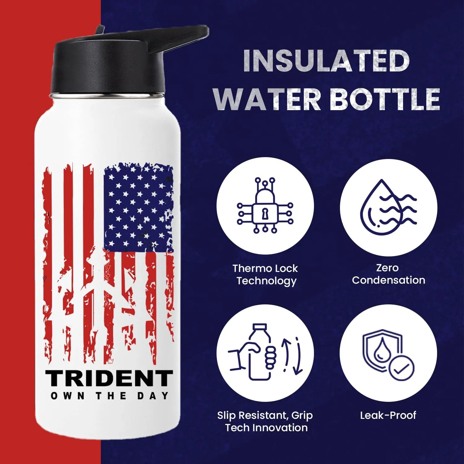 American Flag Water Bottle, 32 oz Insulated Water Bottle, Reusable Water Bottle with Straw, Leak Proof Water Bottles, Thermos Water Bottle - Combat Veteran Small Business (White, 32 Oz)