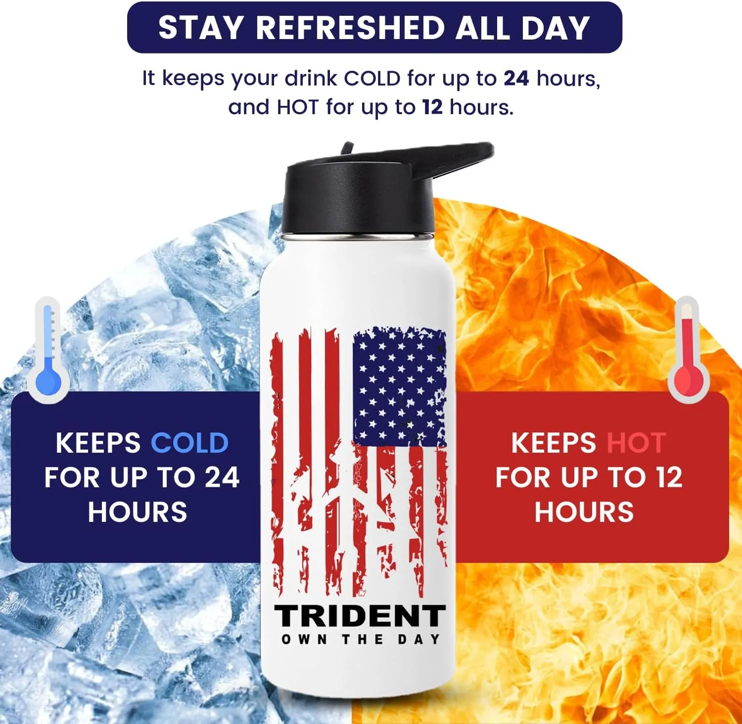 American Flag Water Bottle, 32 oz Insulated Water Bottle, Reusable Water Bottle with Straw, Leak Proof Water Bottles, Thermos Water Bottle - Combat Veteran Small Business (White, 32 Oz)