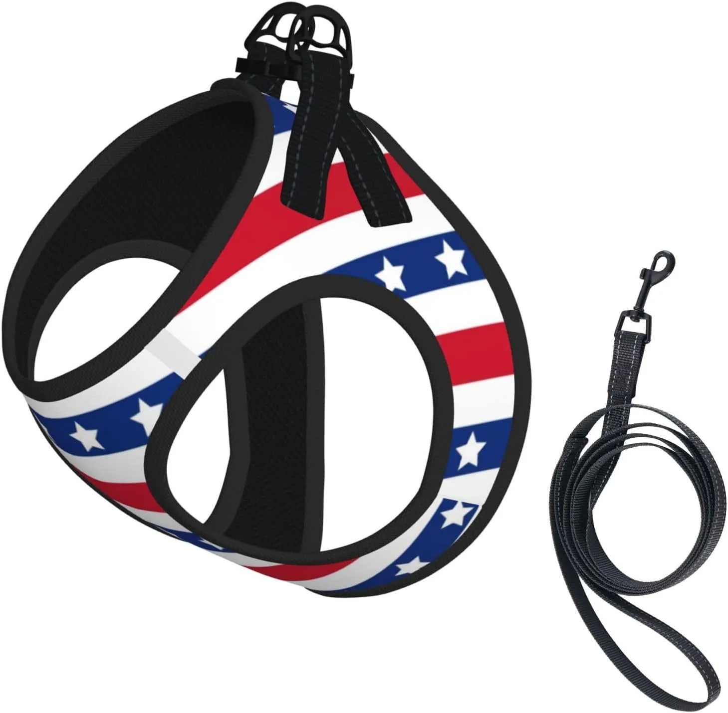 American Patriotic Stars and Stripes Dog Harness No Pull Adjustable Soft Mesh Padded Reflective Puppy Vest Front Lead All Weather with Leash Set for Small Medium Dogs, Cats
