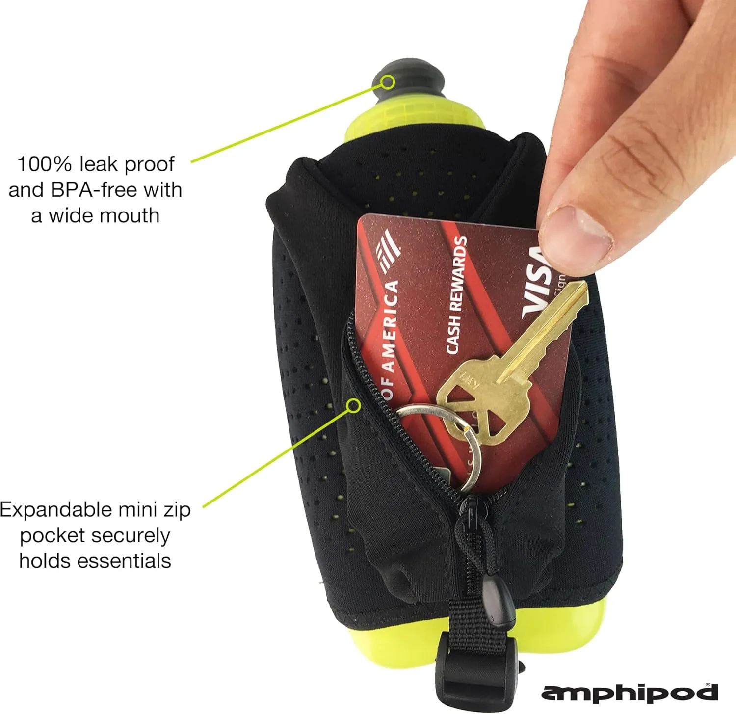 Amphipod Hydraform Ergo-Lite Handheld Water Bottle, BPA-Free Minimalist Insulated Hydration for Ultra-Running & Walking - Hi-Viz - 10.5 oz