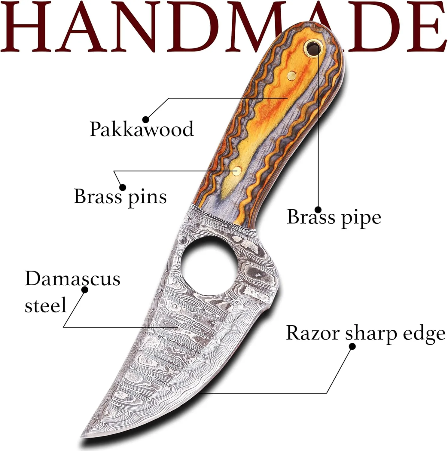 ANCILLA Handmade Damascus Hunting EDC Camping Deer Knife - Full Tang Fixed blade Mini Pocket Cowboy knife for Bushcraft, Camping and Skining with leather sheath Hoster - Predator Hunter Viking Blade - Ideal Viking Gift for Men