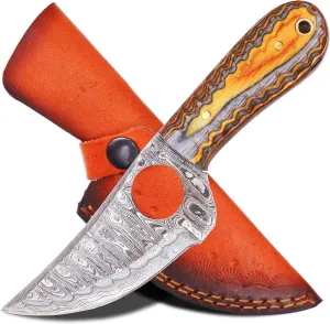 ANCILLA Handmade Damascus Hunting EDC Camping Deer Knife - Full Tang Fixed blade Mini Pocket Cowboy knife for Bushcraft, Camping and Skining with leather sheath Hoster - Predator Hunter Viking Blade - Ideal Viking Gift for Men