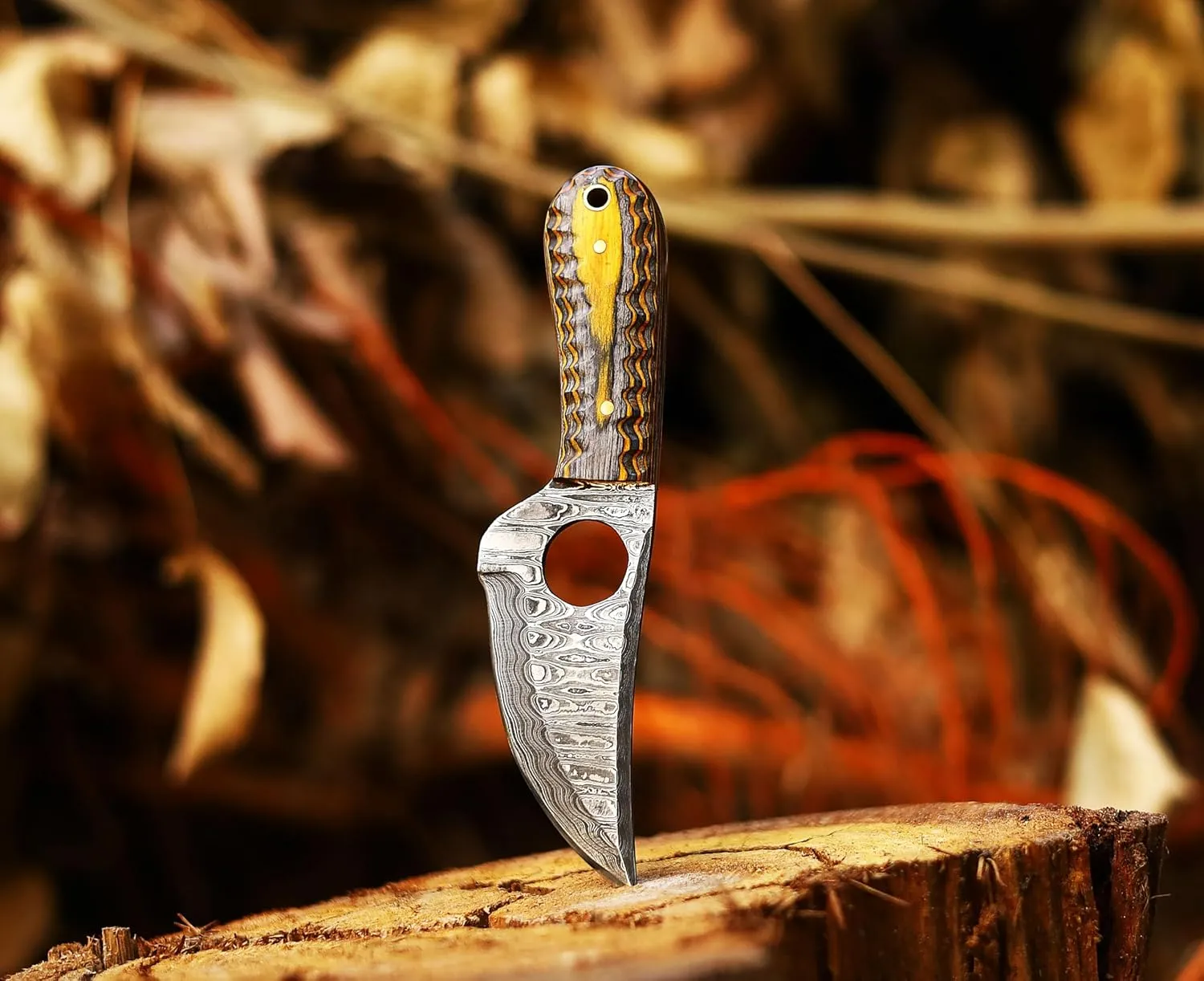 ANCILLA Handmade Damascus Hunting EDC Camping Deer Knife - Full Tang Fixed blade Mini Pocket Cowboy knife for Bushcraft, Camping and Skining with leather sheath Hoster - Predator Hunter Viking Blade - Ideal Viking Gift for Men
