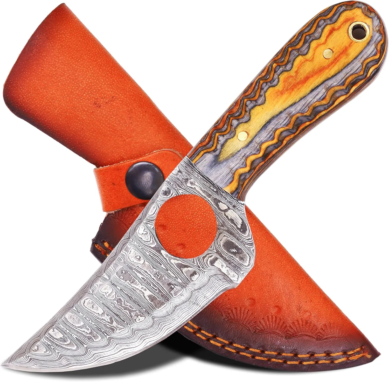 ANCILLA Handmade Damascus Hunting EDC Camping Deer Knife - Full Tang Fixed blade Mini Pocket Cowboy knife for Bushcraft, Camping and Skining with leather sheath Hoster - Predator Hunter Viking Blade - Ideal Viking Gift for Men