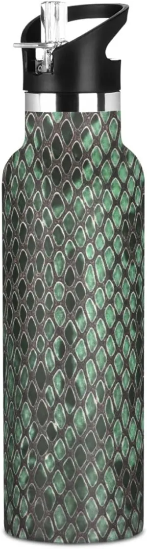 Animal Print Sport Water Bottle Fancy Snakeskin Luxury Green Fitness Vacuum Drink Cup Office Ice Coffee Mug Camping Beverage Container Hiking Biking Thermos, 20 oz