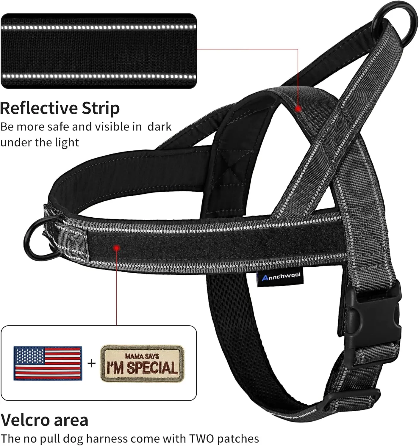 Annchwool No Pull Dog Harness with Soft Padded Handle,Reflective Strip Escape Proof and Quick Fit to Adjust Dog Harness,Easy for Training Walking for Small & Medium and Large Dog(Black,L)