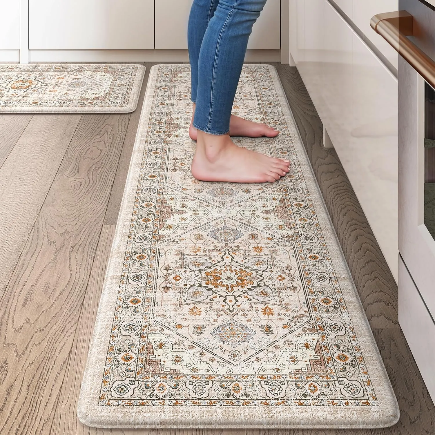 Anti Fatigue Kitchen Mat Cushioned Kitchen Floor Mats, Memory Foam Kitchen Rugs Non Slip Padded Kitchen Mats for Floor, Comfort Kitchen Runner Rug for Hallway,Laundry,Office(Cream)