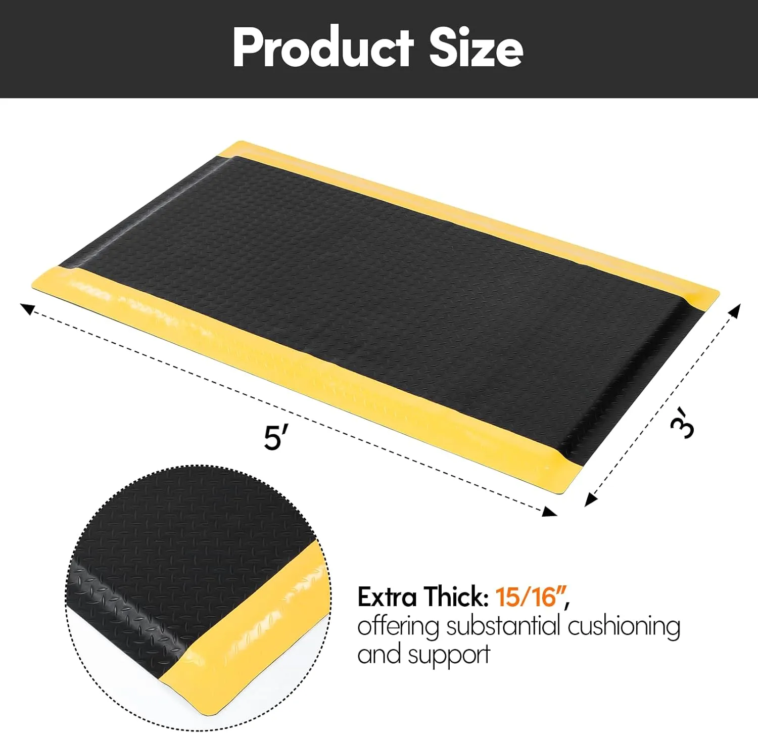 Anti Fatigue Mats Industrial 3' x 5' 15/16" Thick Ergonomic Standing Floor Mat Kitchen Mat for Standing Heavy Duty Commercial Diamond Plate Border Safety Mat