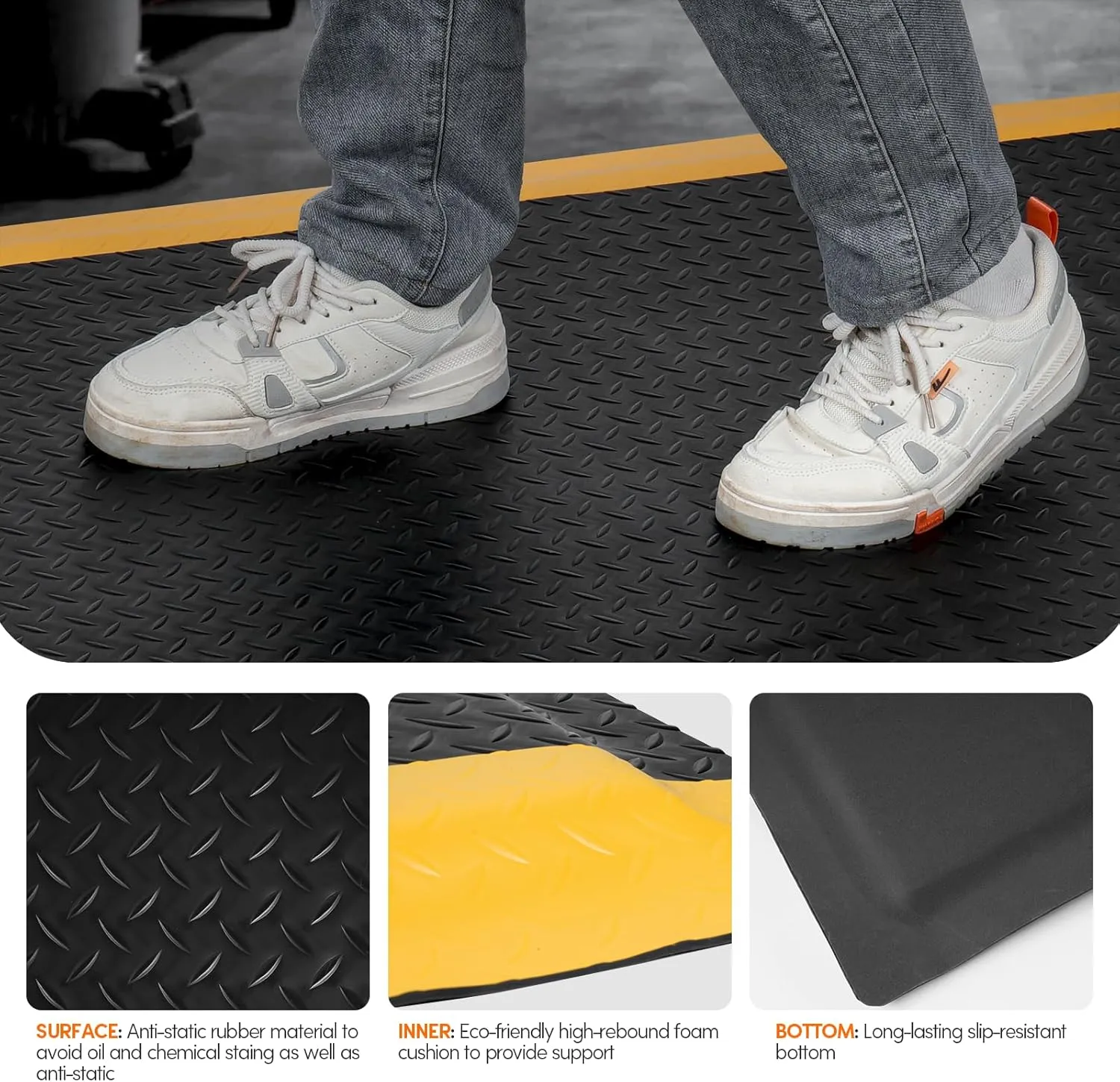 Anti Fatigue Mats Industrial 3' x 5' 15/16" Thick Ergonomic Standing Floor Mat Kitchen Mat for Standing Heavy Duty Commercial Diamond Plate Border Safety Mat