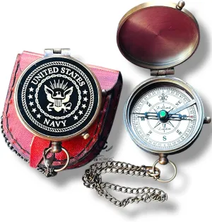 Antique Brass Compass – Engraved Military Compass with Lid & Chain – Vintage Pocket Compass for Veterans, Sailors, Men, Military Collectors – Working Compass with Gift Box for Retirement, Graduation