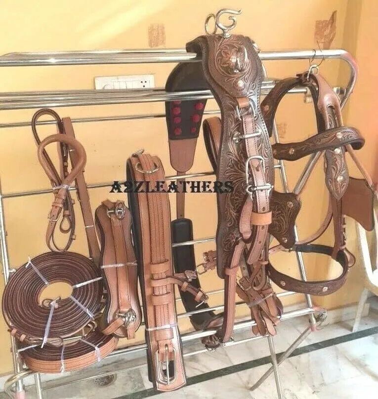 Antique Finish Leather Driving Harness For Single Horse Cart Brown In 4 Size