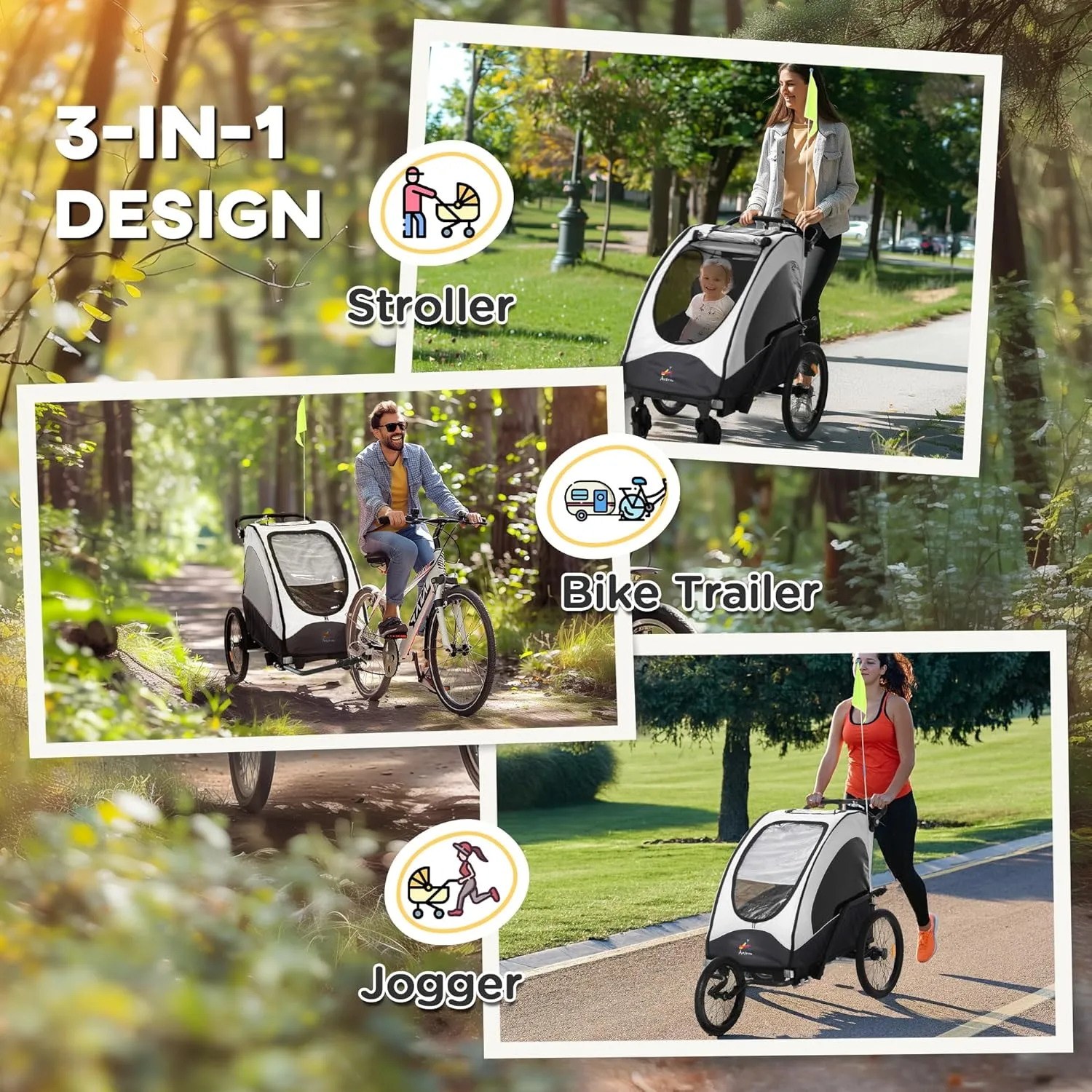 Aosom Bike Trailer for Kids 3 In1 Foldable Child Jogger Stroller Baby Stroller Transport Carrier with Shock Absorber System Rubber Tires Adjustable Handlebar Kid Bicycle Trailer