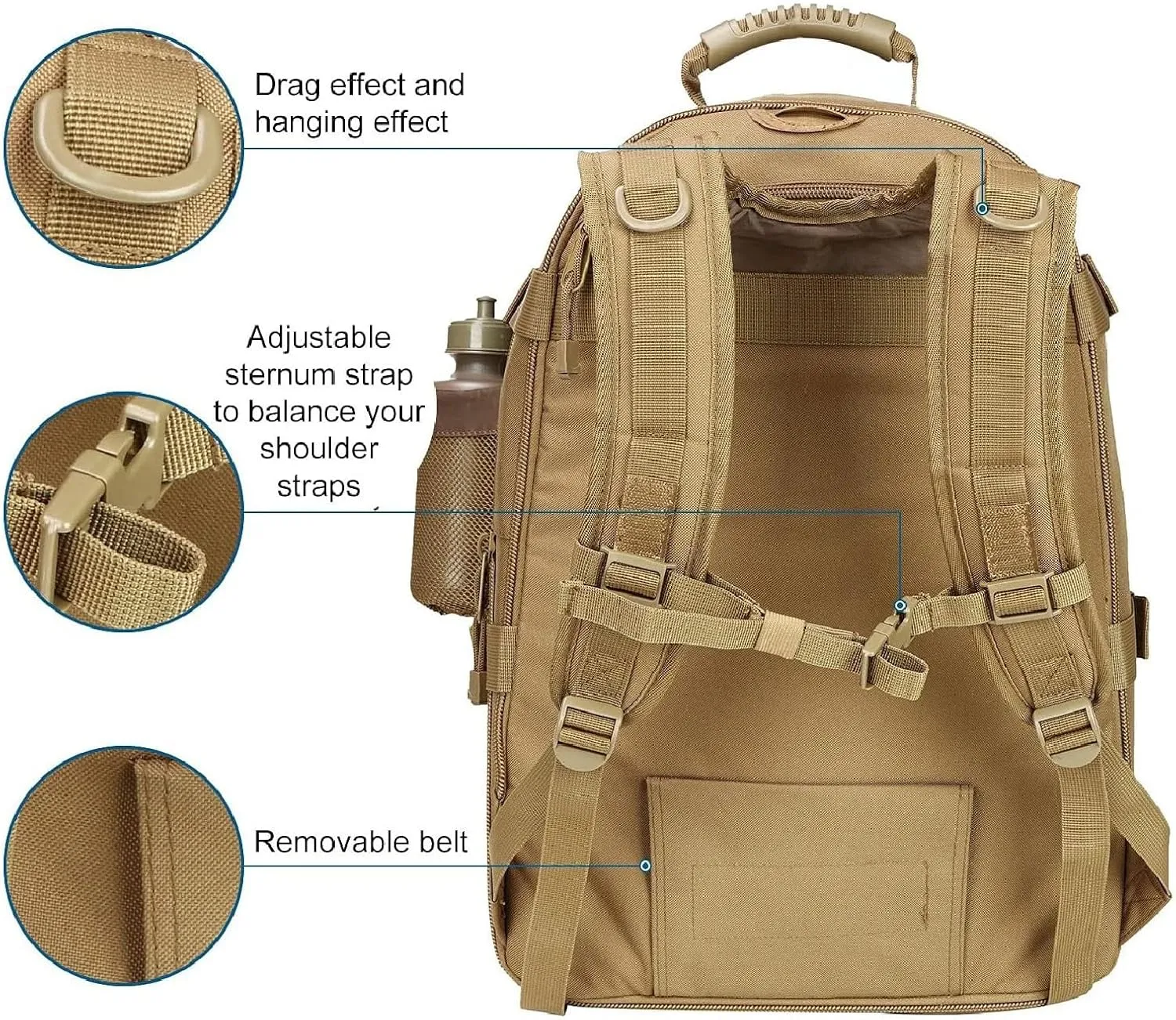 APLUSH Large Tactical Backpack for Men,Outdoor Waterproof Rucksack for Travel, Work,Camping,Hunting,Hiking,Sports,Khaki b,One Size