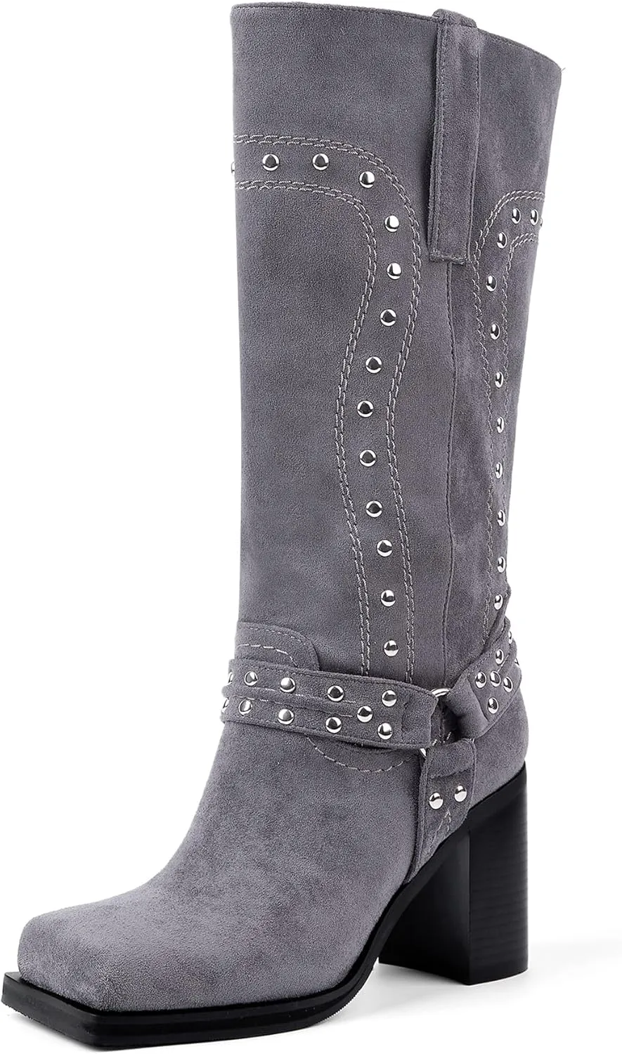 Arqa Studded Square Toe Riding Boots for Women Chunky Heel Suede Mid Calf Western Boot Platform Motorcycle Boots
