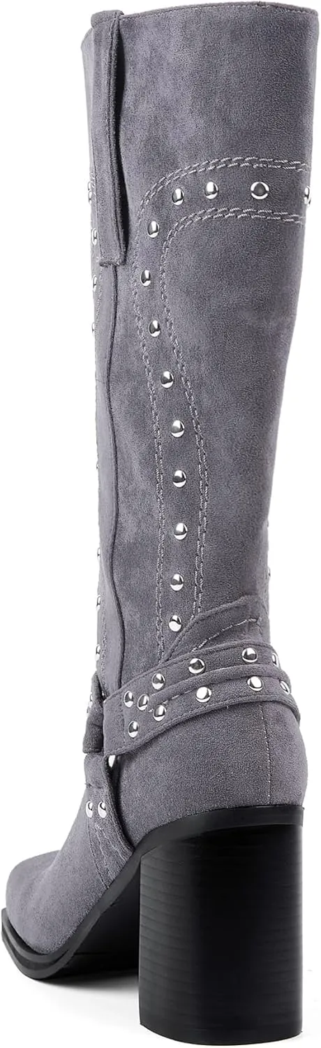 Arqa Studded Square Toe Riding Boots for Women Chunky Heel Suede Mid Calf Western Boot Platform Motorcycle Boots