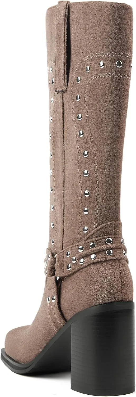 Arqa Studded Square Toe Riding Boots for Women Chunky Heel Suede Mid Calf Western Boot Platform Motorcycle Boots