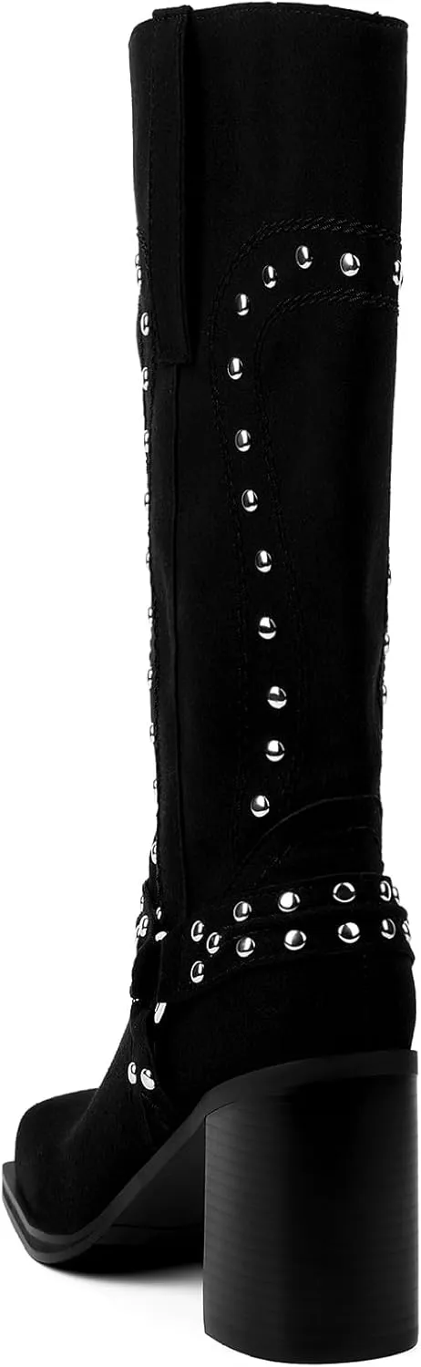 Arqa Studded Square Toe Riding Boots for Women Chunky Heel Suede Mid Calf Western Boot Platform Motorcycle Boots