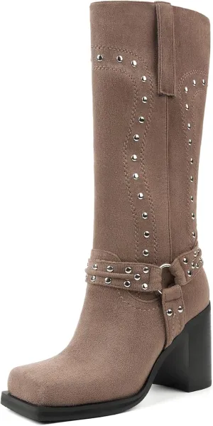 Arqa Studded Square Toe Riding Boots for Women Chunky Heel Suede Mid Calf Western Boot Platform Motorcycle Boots