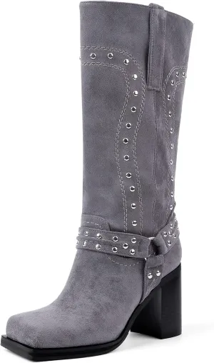 Arqa Studded Square Toe Riding Boots for Women Chunky Heel Suede Mid Calf Western Boot Platform Motorcycle Boots