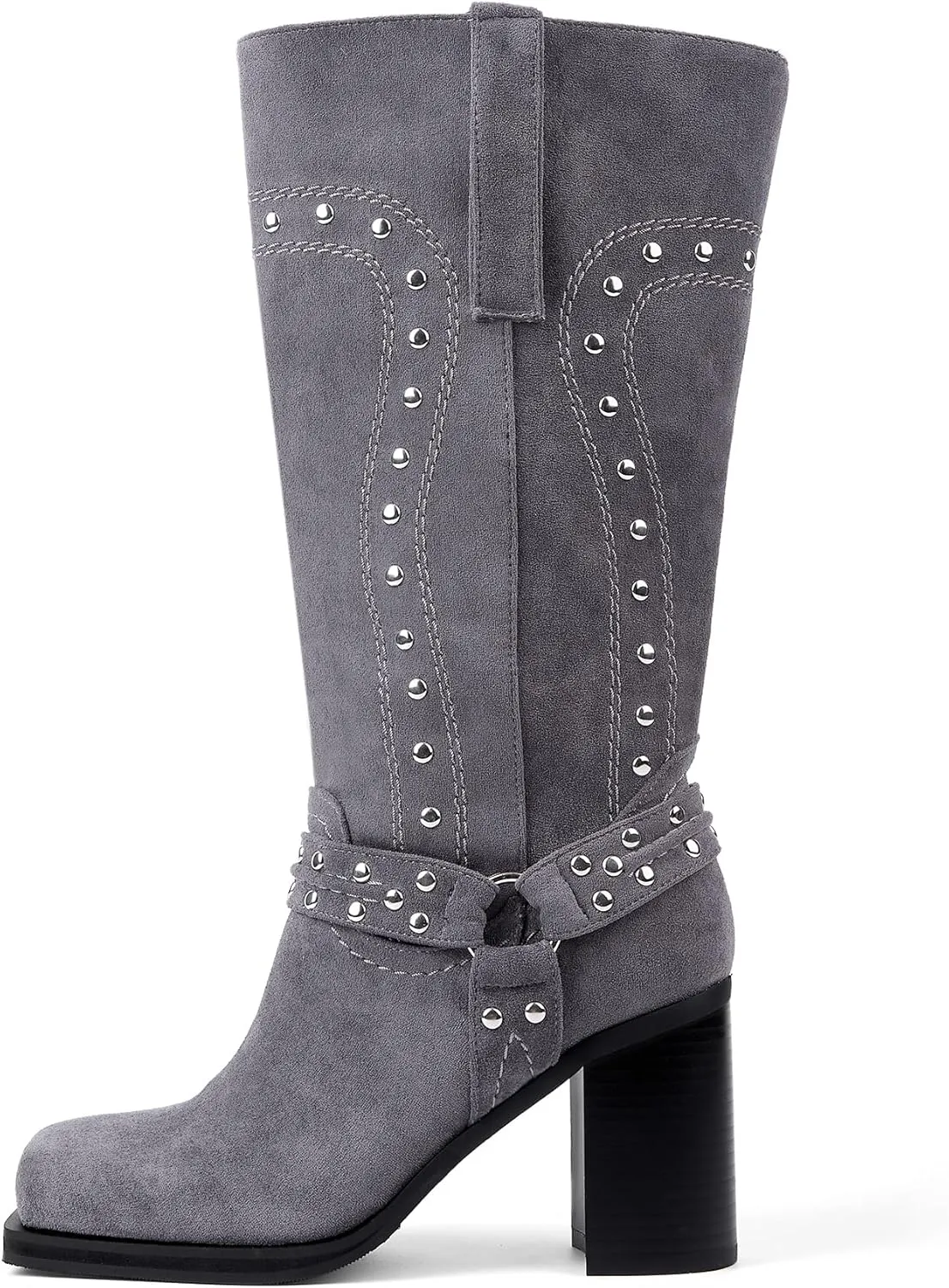 Arqa Studded Square Toe Riding Boots for Women Chunky Heel Suede Mid Calf Western Boot Platform Motorcycle Boots