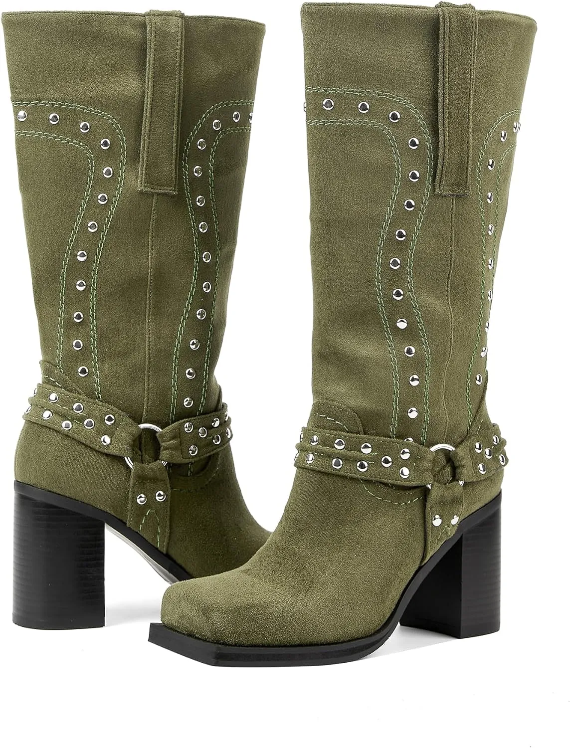 Arqa Studded Square Toe Riding Boots for Women Chunky Heel Suede Mid Calf Western Boot Platform Motorcycle Boots