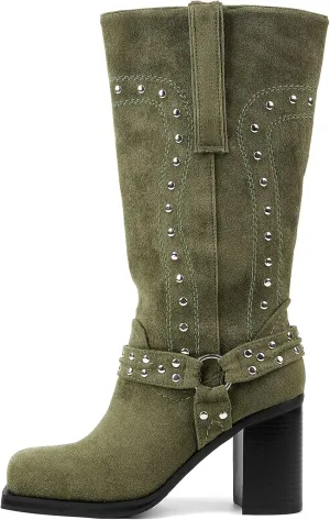 Arqa Studded Square Toe Riding Boots for Women Chunky Heel Suede Mid Calf Western Boot Platform Motorcycle Boots
