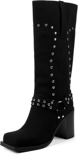 Arqa Studded Square Toe Riding Boots for Women Chunky Heel Suede Mid Calf Western Boot Platform Motorcycle Boots