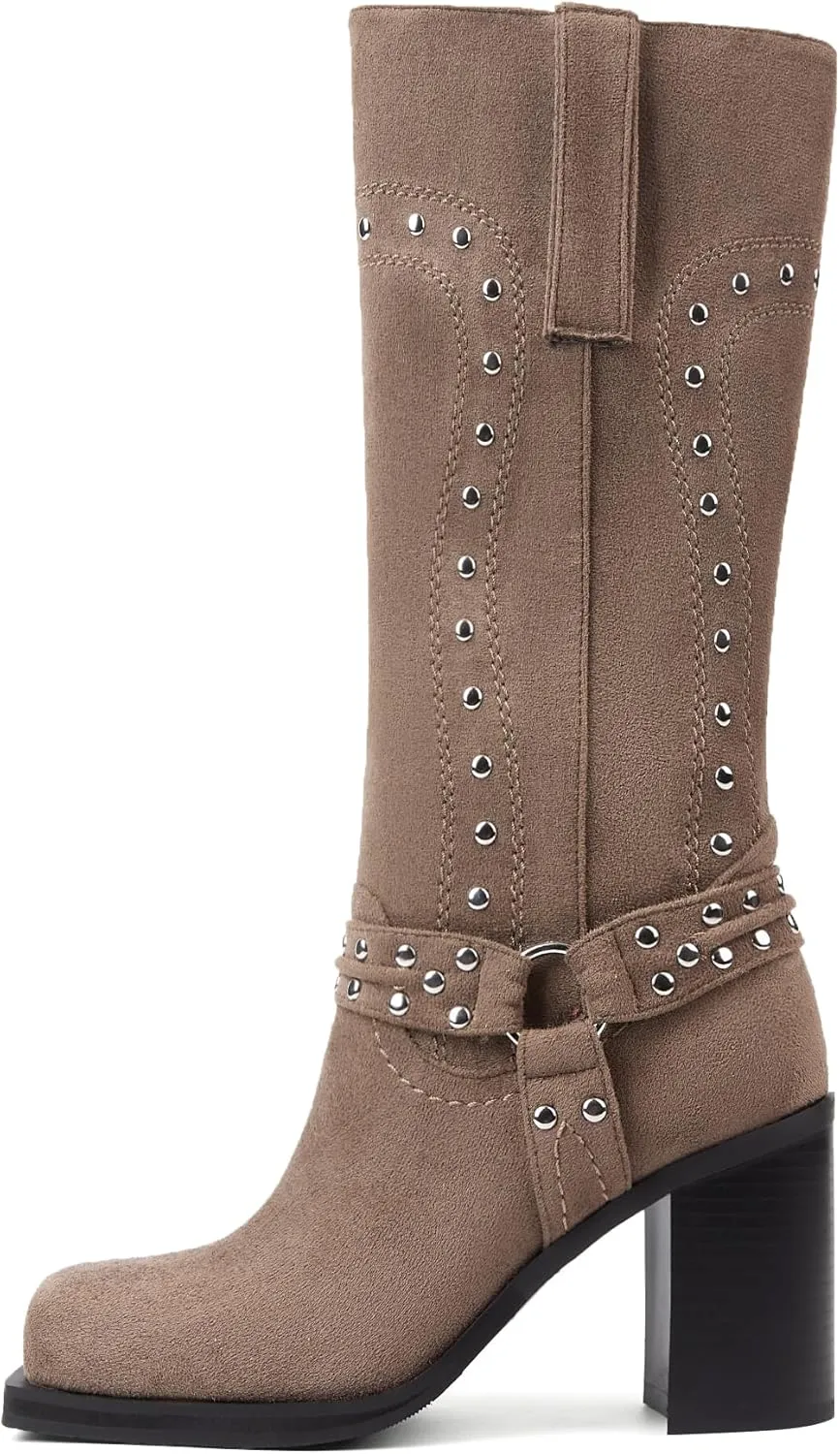 Arqa Studded Square Toe Riding Boots for Women Chunky Heel Suede Mid Calf Western Boot Platform Motorcycle Boots