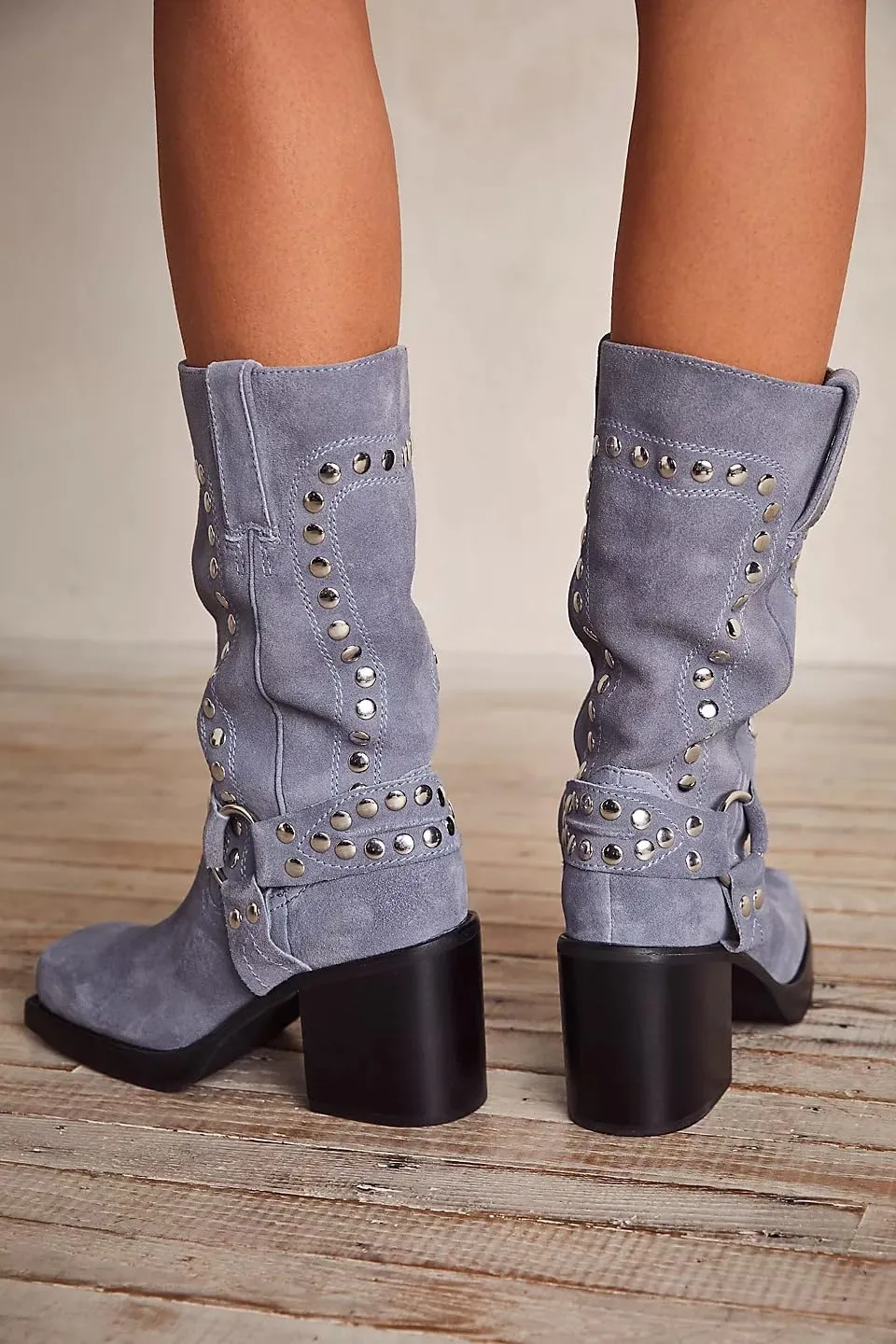Arqa Studded Square Toe Riding Boots for Women Chunky Heel Suede Mid Calf Western Boot Platform Motorcycle Boots