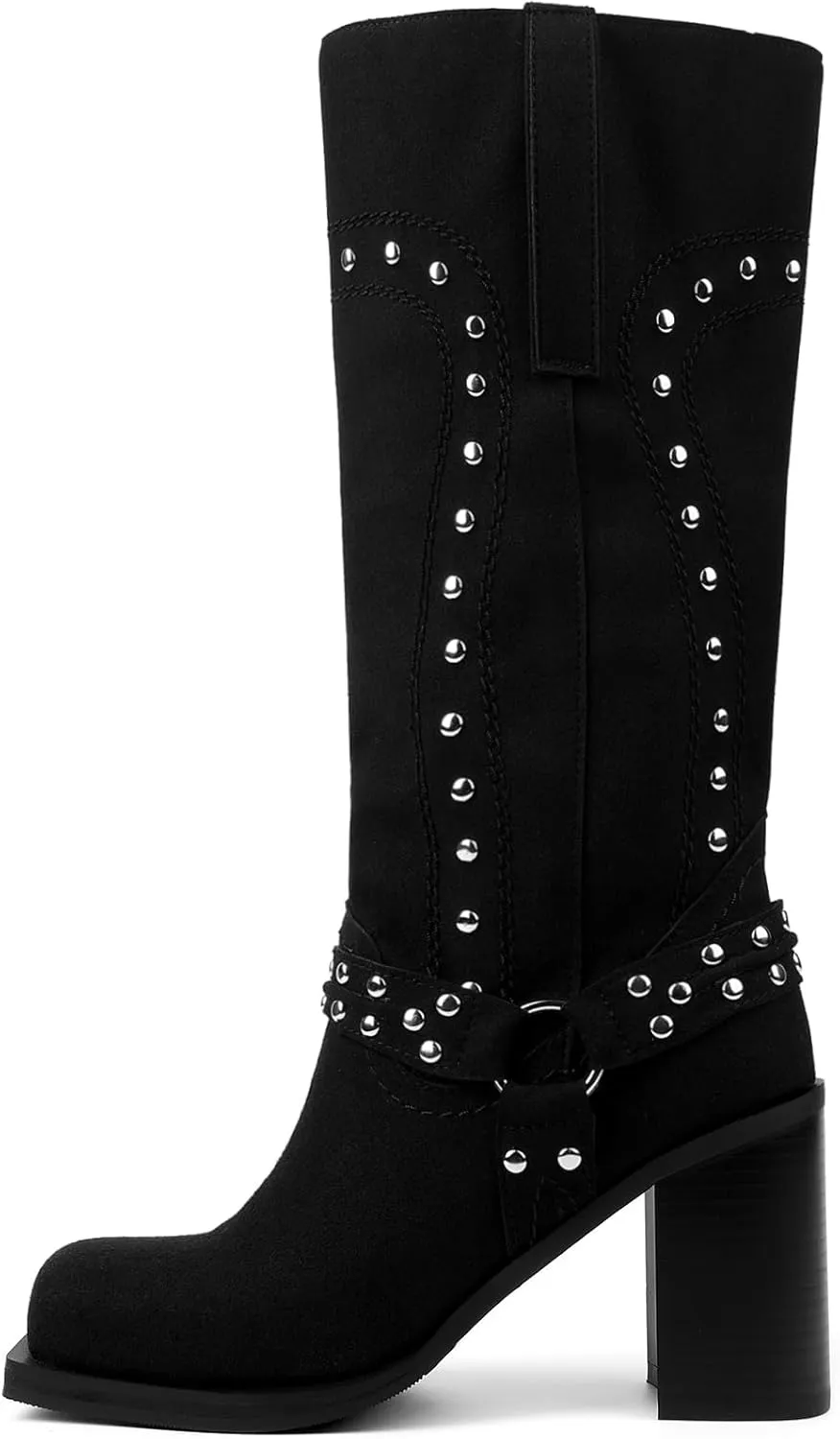 Arqa Studded Square Toe Riding Boots for Women Chunky Heel Suede Mid Calf Western Boot Platform Motorcycle Boots