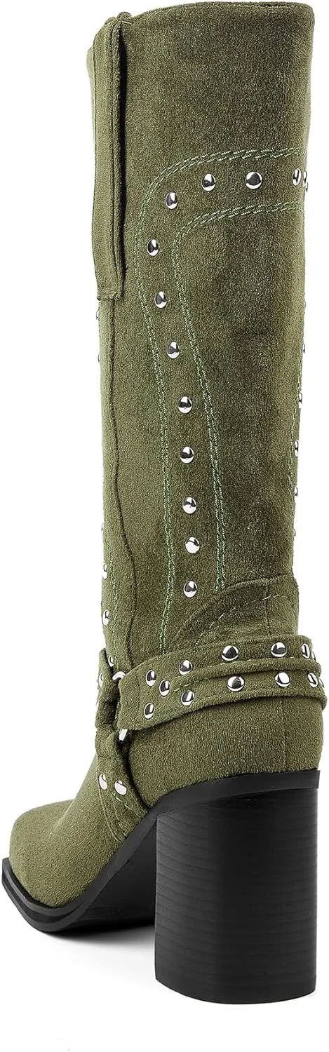 Arqa Studded Square Toe Riding Boots for Women Chunky Heel Suede Mid Calf Western Boot Platform Motorcycle Boots