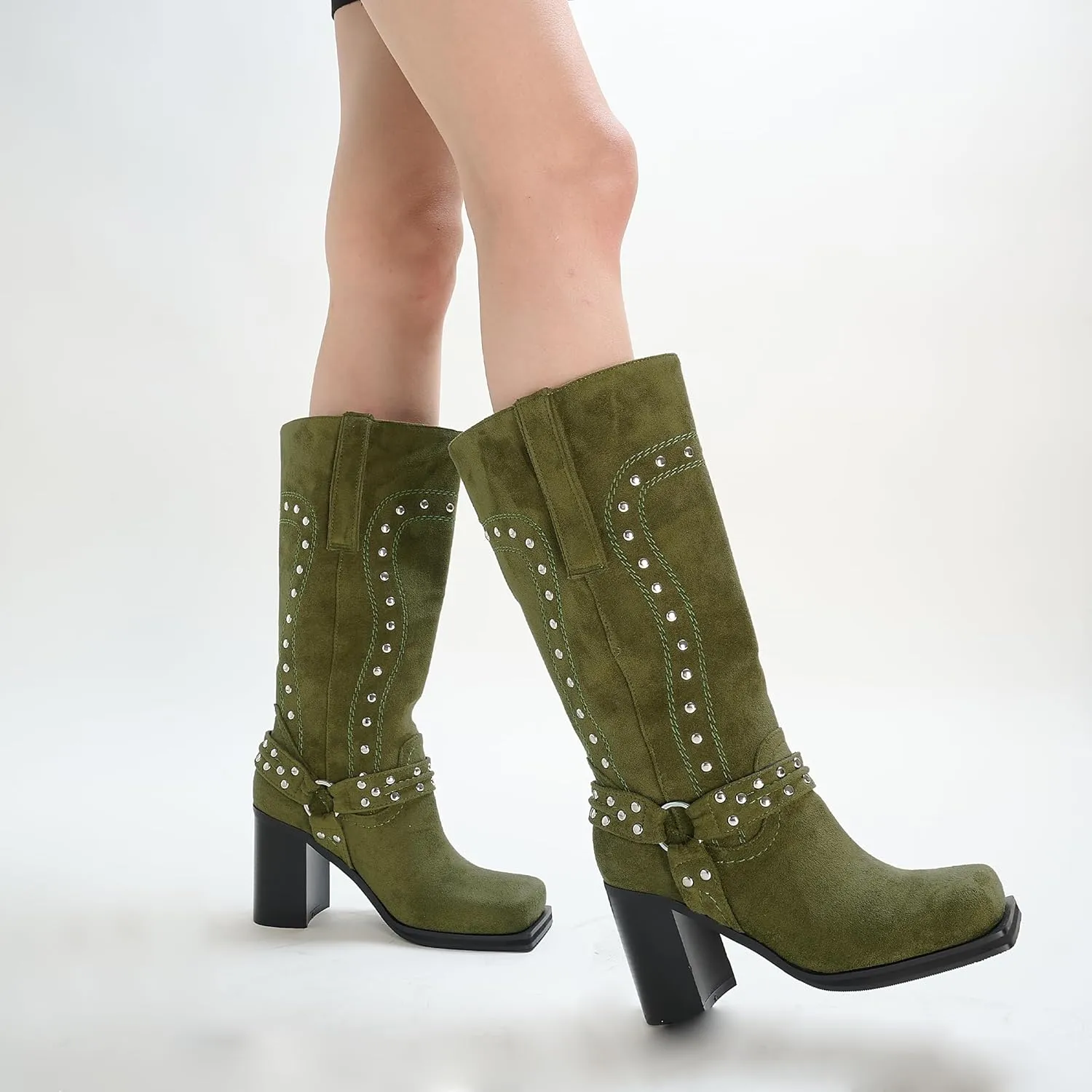 Arqa Studded Square Toe Riding Boots for Women Chunky Heel Suede Mid Calf Western Boot Platform Motorcycle Boots