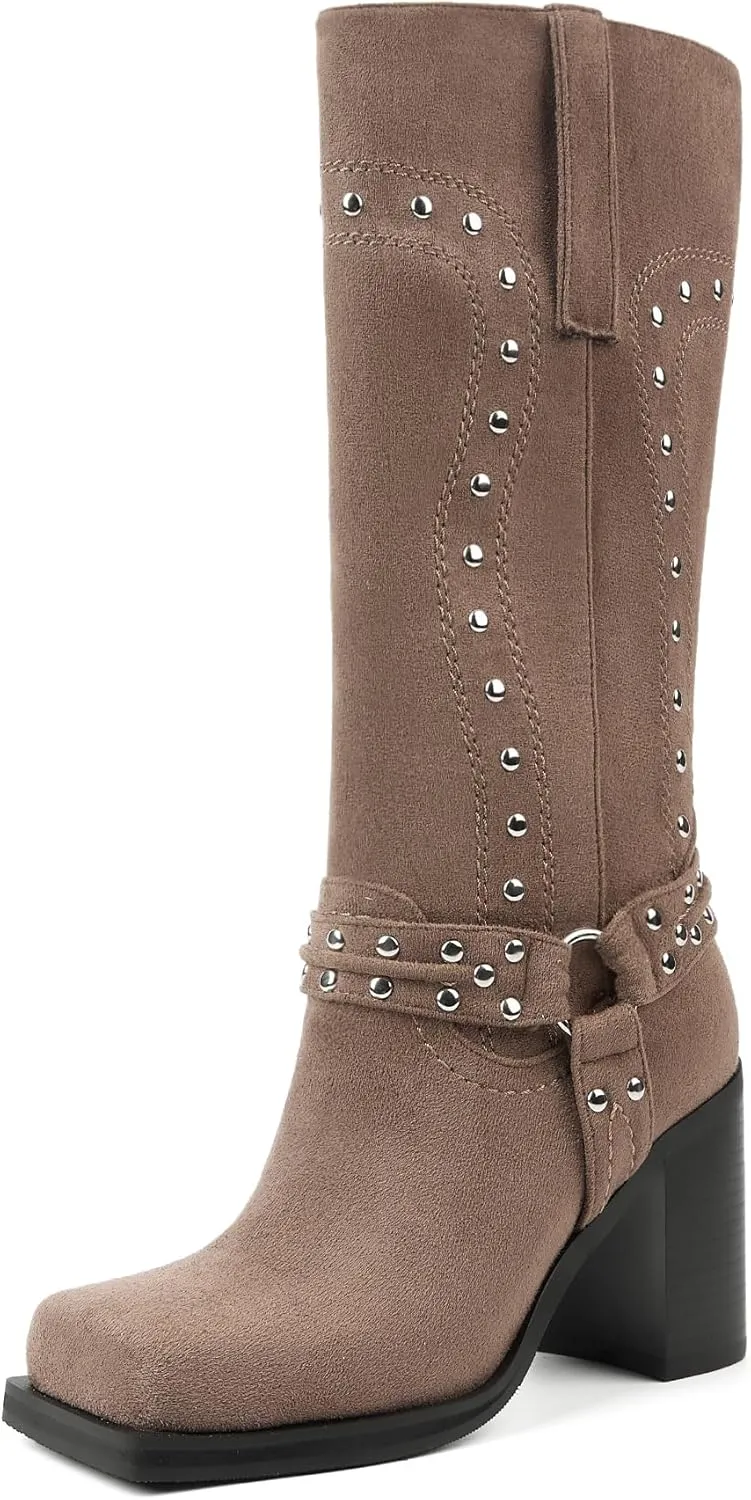 Arqa Studded Square Toe Riding Boots for Women Chunky Heel Suede Mid Calf Western Boot Platform Motorcycle Boots