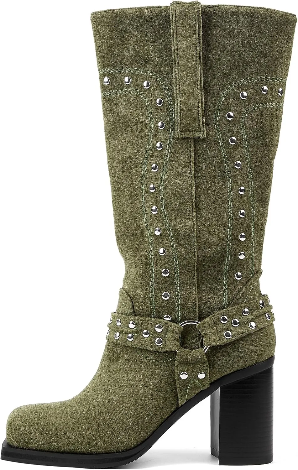 Arqa Studded Square Toe Riding Boots for Women Chunky Heel Suede Mid Calf Western Boot Platform Motorcycle Boots