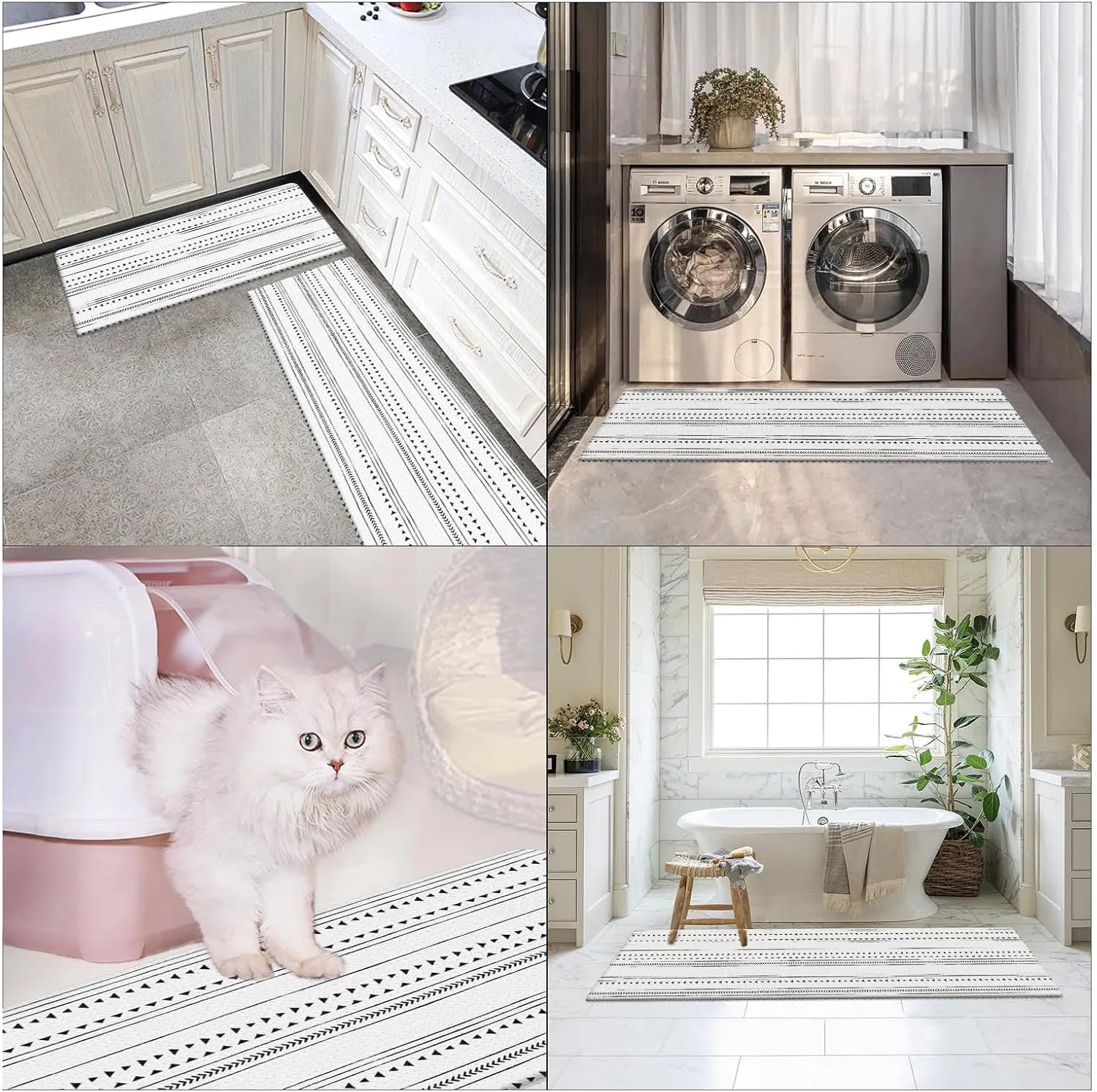 Arttown Black Anti-Fatigue Kitchen Rug Set of 2 White Arrow Trellis Cushioned Floor Standing Mat Waterproof Non-Slip Mat and PVC Ergonomic Comfort Foam Rug