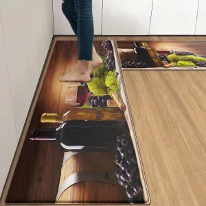 Arttown Red Rose Wine Wooden Anti-Fatigue Kitchen Rug Set of 2 Fruit Summer Green Cushioned Floor Standing Mat Waterproof Non-Slip Kitchen Mat and PVC Ergonomic Comfort Foam Rug