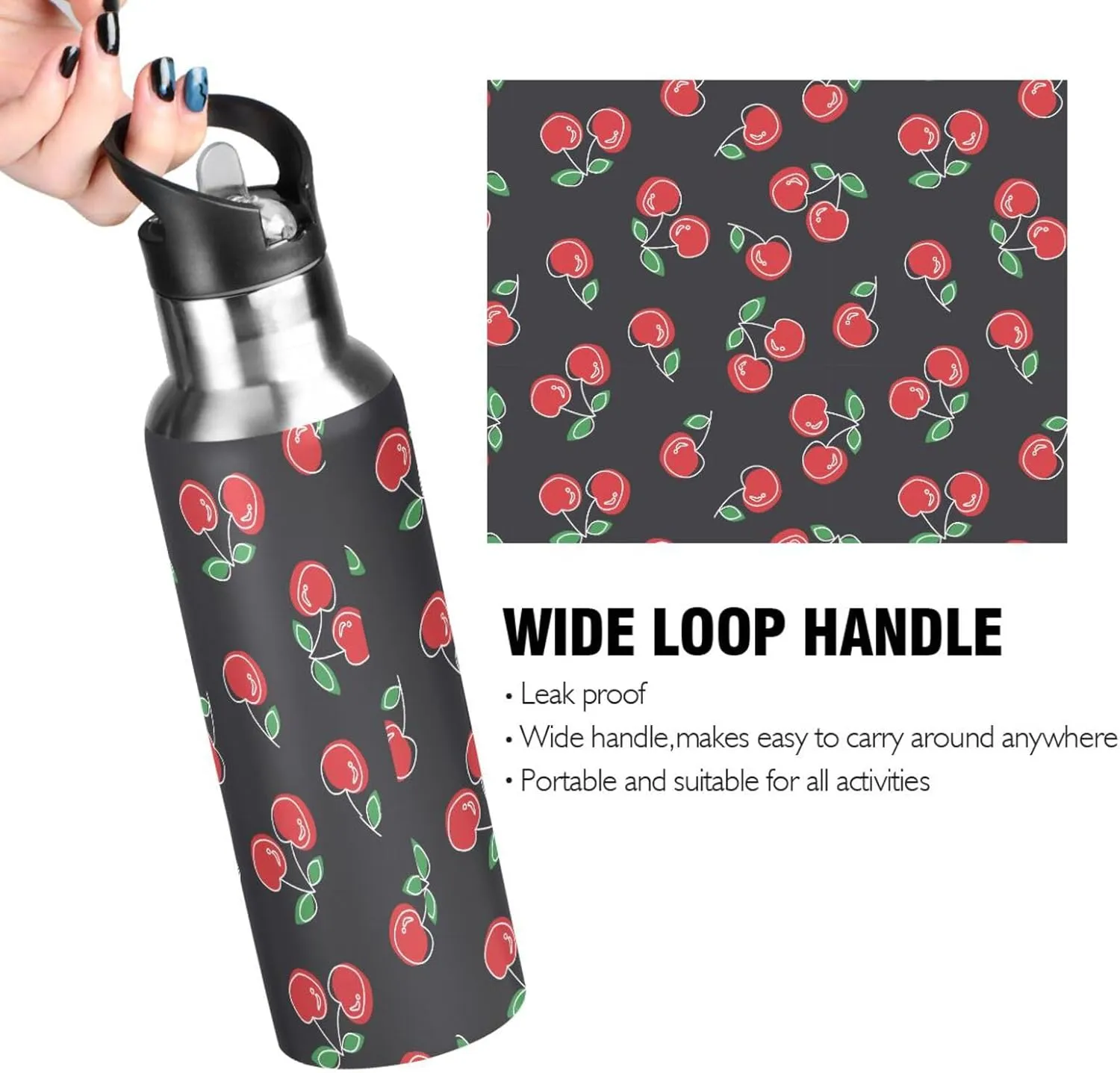 Aslsiy 20oz Sports Water Bottle Red Cherries Cute Insulated Water Bottle Black Stainless Steel Gym Bottle Metal Water Flask Thermos