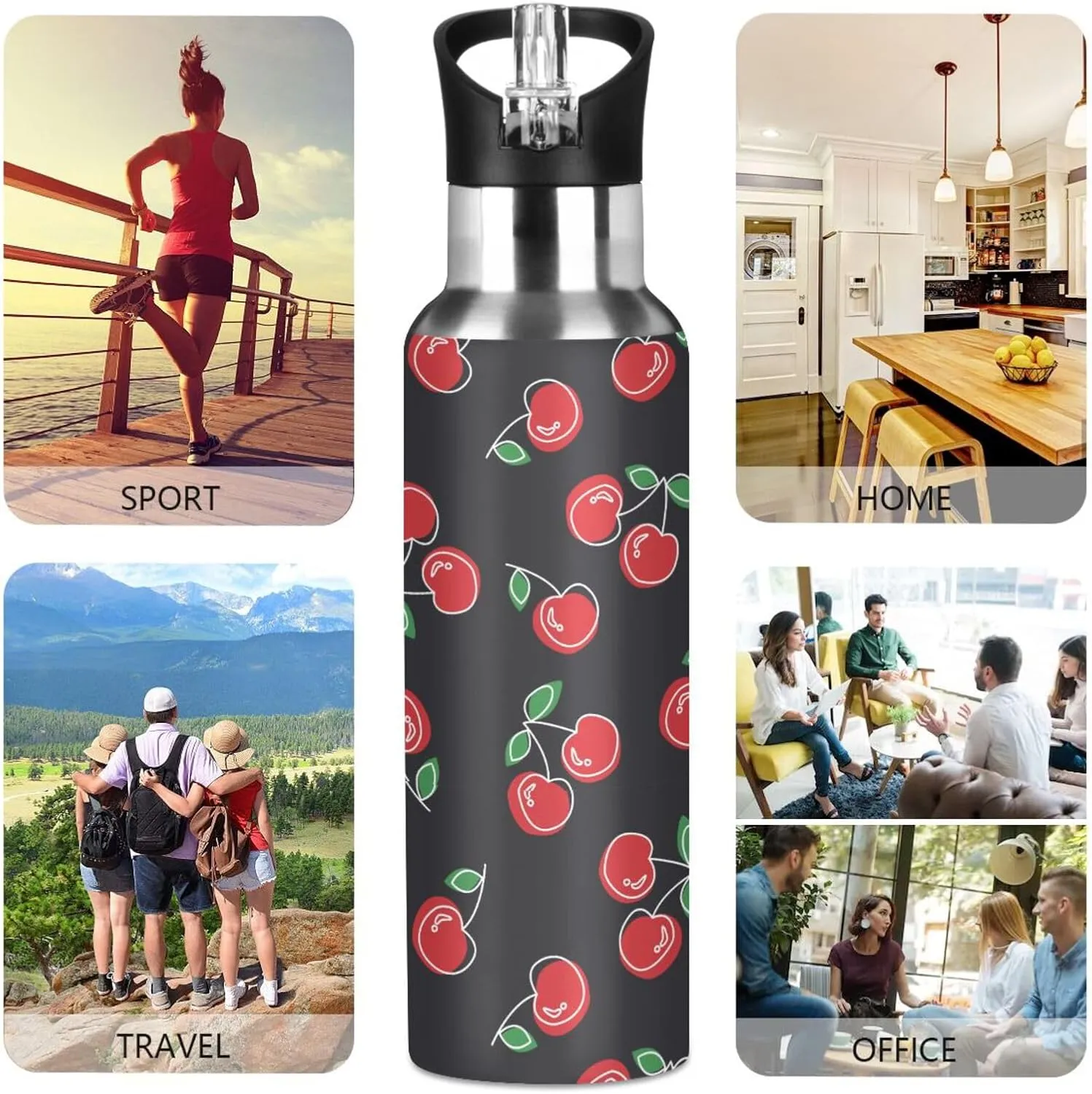 Aslsiy 20oz Sports Water Bottle Red Cherries Cute Insulated Water Bottle Black Stainless Steel Gym Bottle Metal Water Flask Thermos