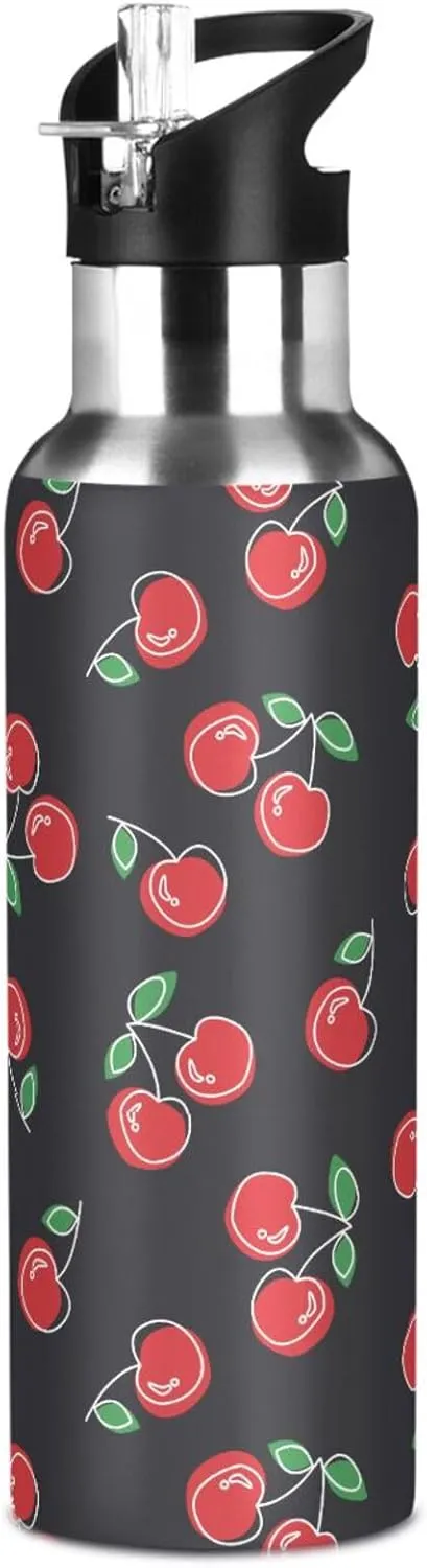 Aslsiy 20oz Sports Water Bottle Red Cherries Cute Insulated Water Bottle Black Stainless Steel Gym Bottle Metal Water Flask Thermos