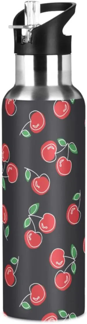 Aslsiy 20oz Sports Water Bottle Red Cherries Cute Insulated Water Bottle Black Stainless Steel Gym Bottle Metal Water Flask Thermos