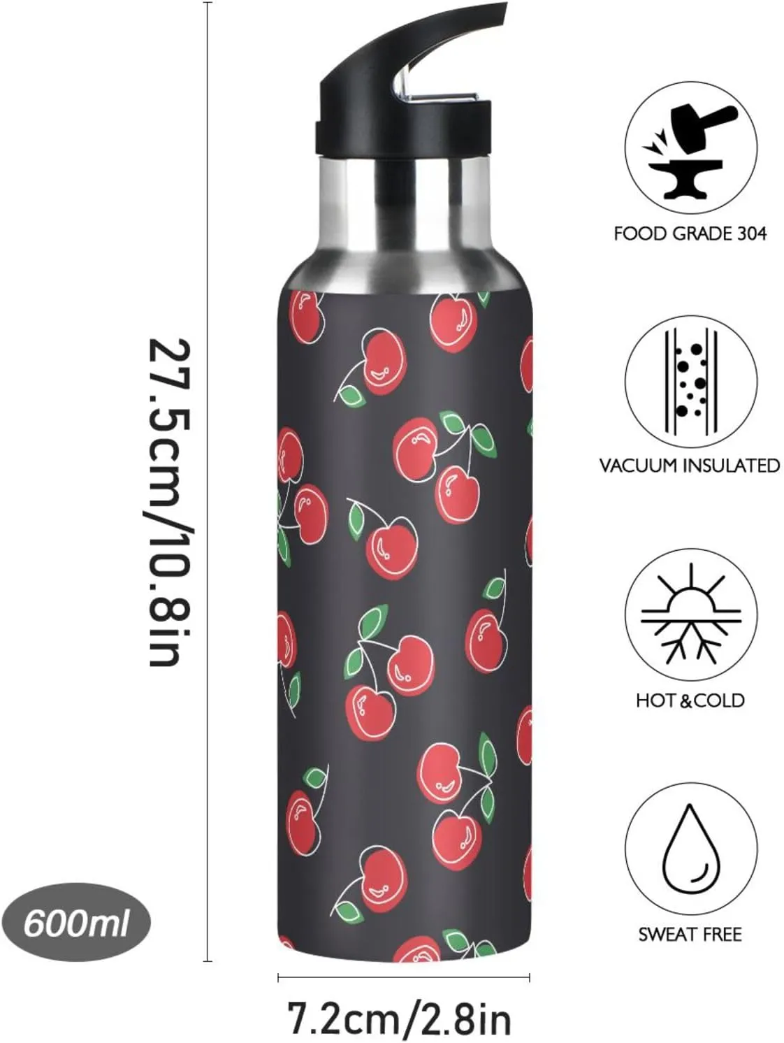 Aslsiy 20oz Sports Water Bottle Red Cherries Cute Insulated Water Bottle Black Stainless Steel Gym Bottle Metal Water Flask Thermos