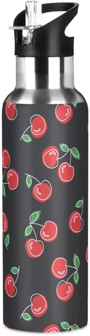 Aslsiy 20oz Sports Water Bottle Red Cherries Cute Insulated Water Bottle Black Stainless Steel Gym Bottle Metal Water Flask Thermos