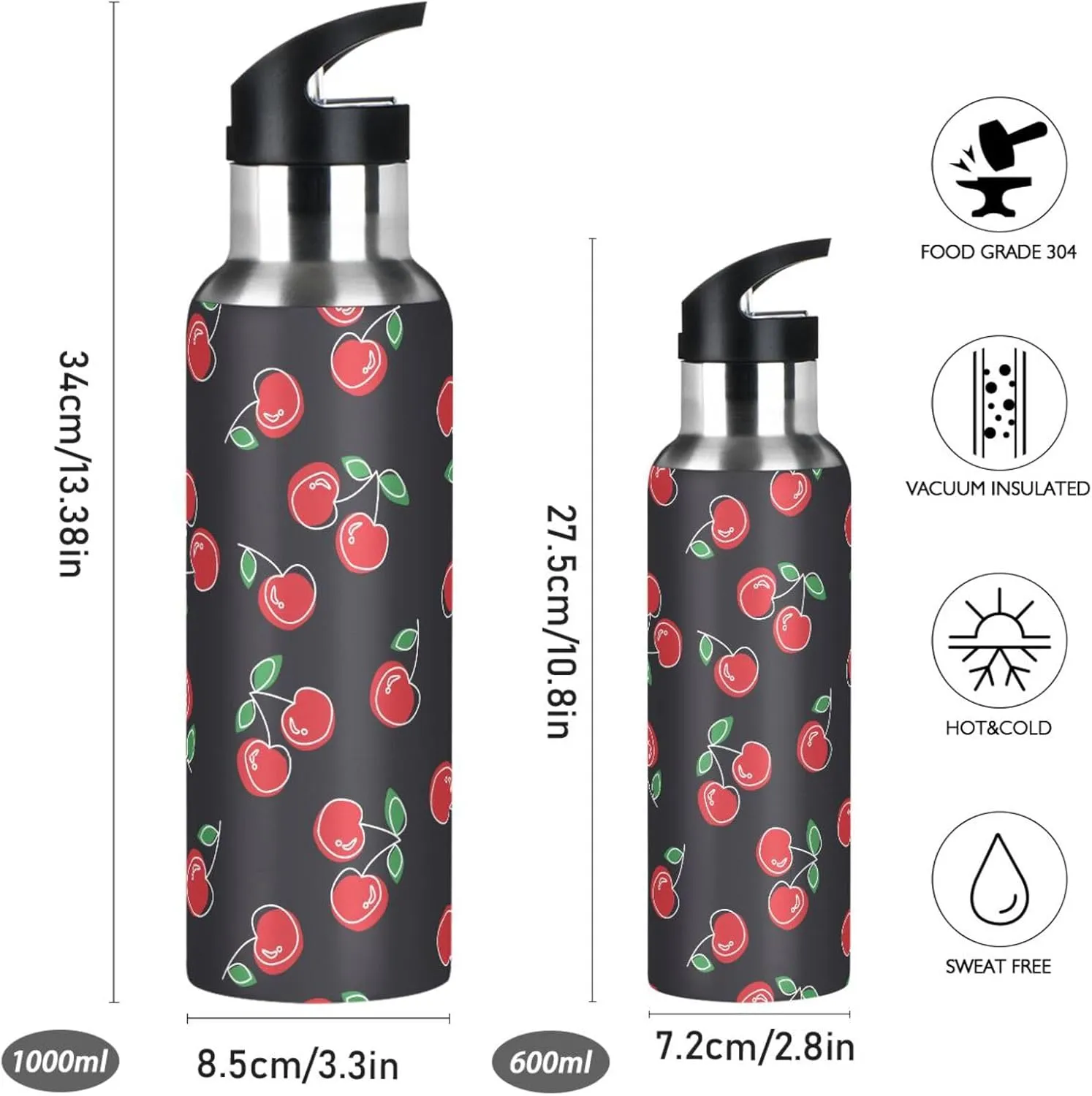 Aslsiy 20oz Sports Water Bottle Red Cherries Cute Insulated Water Bottle Black Stainless Steel Gym Bottle Metal Water Flask Thermos