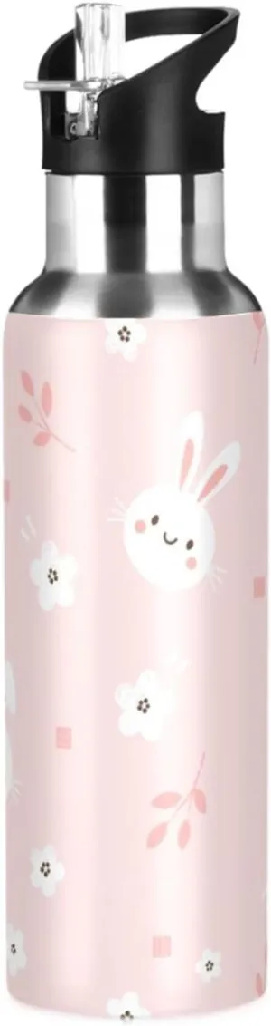 Aslsiy 32oz Sports Water Bottle White Bunny Rabbit Insulated Water Bottle Flower Pink Stainless Steel Gym Bottle Metal Water Flask Thermos
