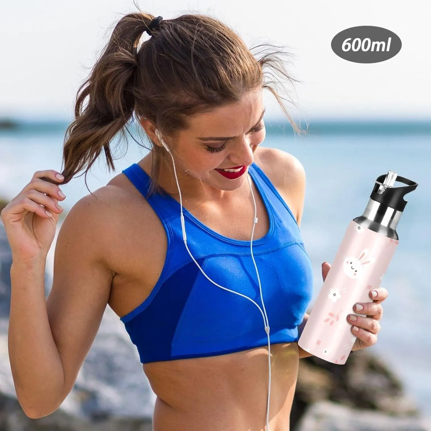 Aslsiy 32oz Sports Water Bottle White Bunny Rabbit Insulated Water Bottle Flower Pink Stainless Steel Gym Bottle Metal Water Flask Thermos