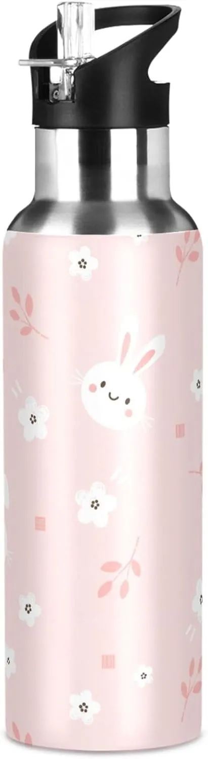 Aslsiy 32oz Sports Water Bottle White Bunny Rabbit Insulated Water Bottle Flower Pink Stainless Steel Gym Bottle Metal Water Flask Thermos