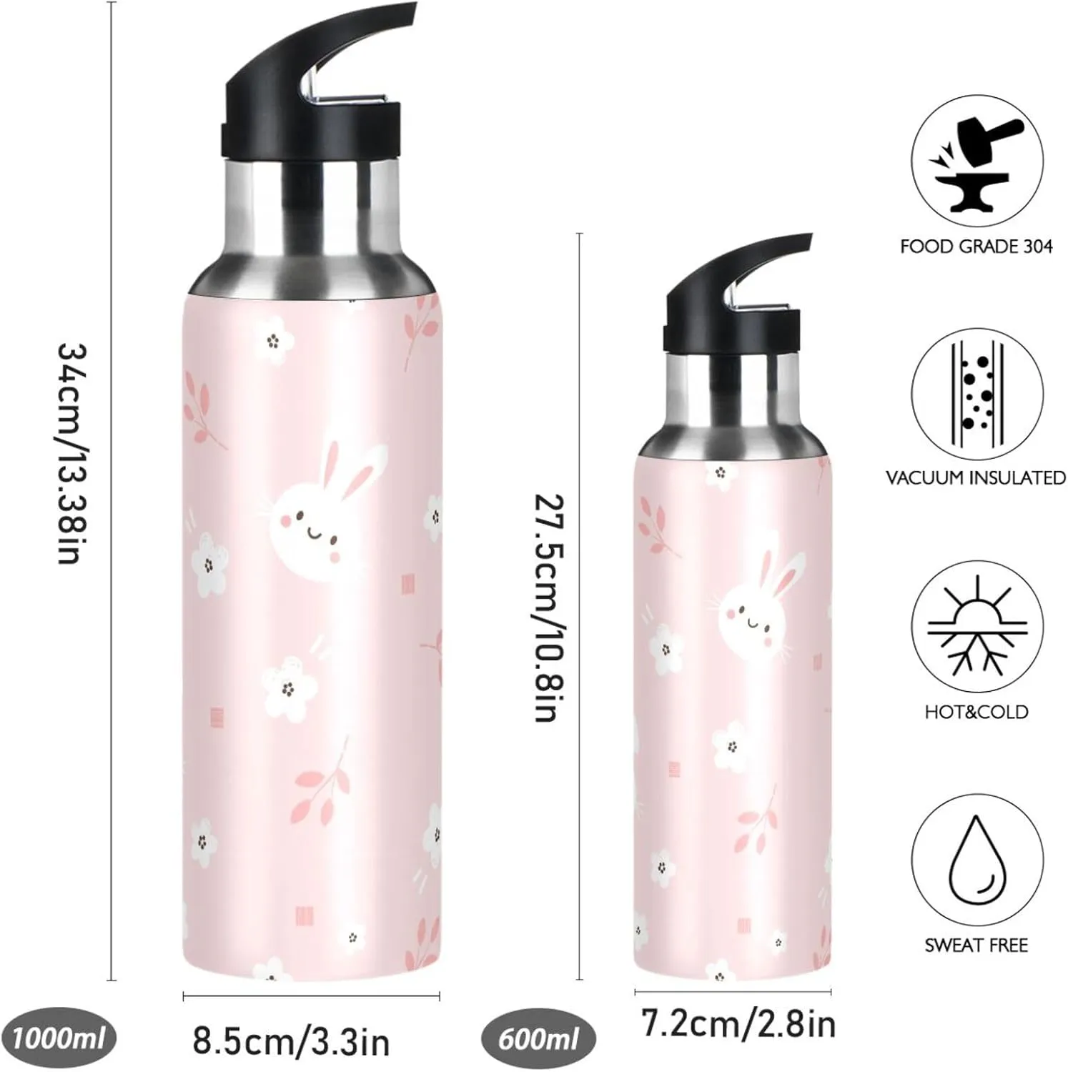 Aslsiy 32oz Sports Water Bottle White Bunny Rabbit Insulated Water Bottle Flower Pink Stainless Steel Gym Bottle Metal Water Flask Thermos