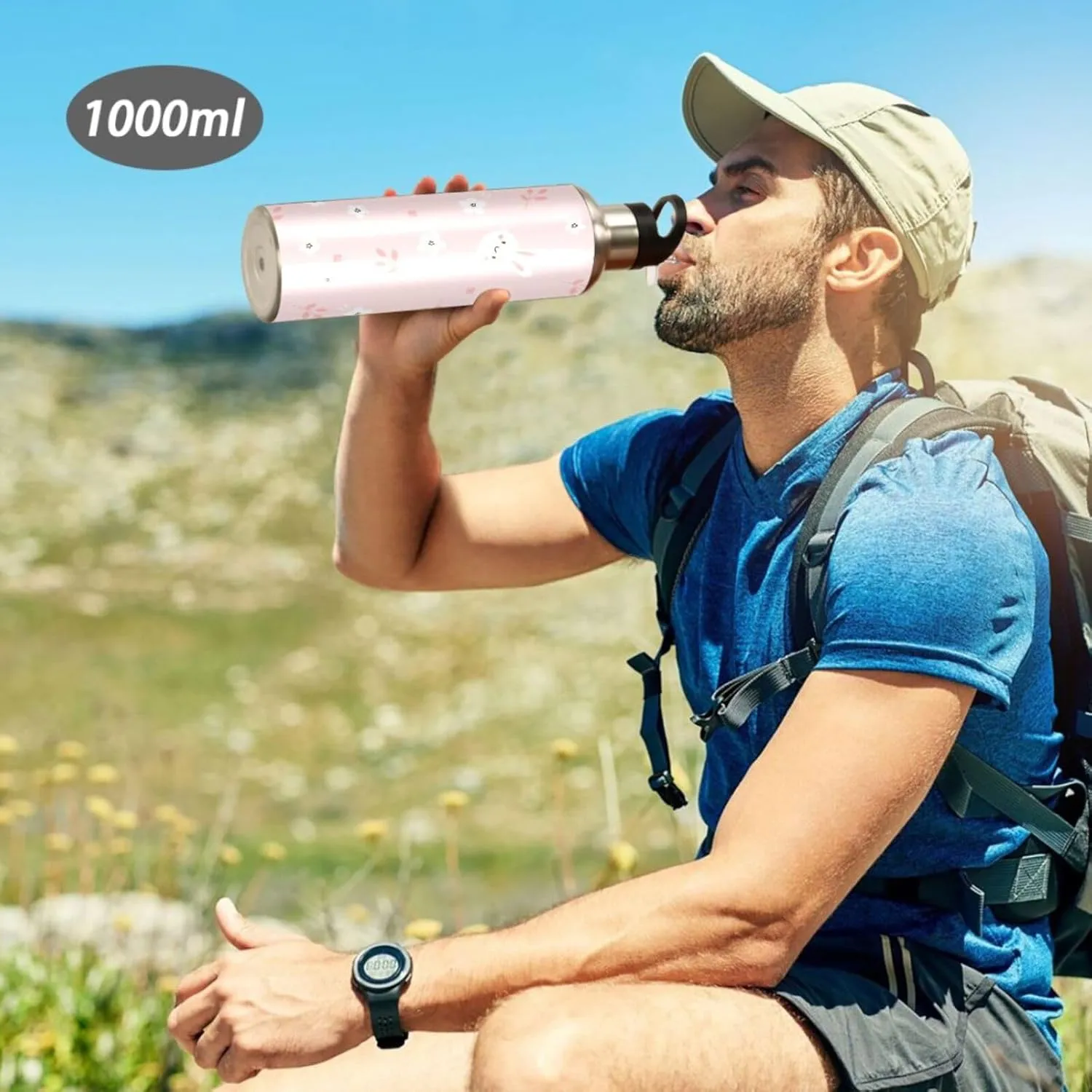 Aslsiy 32oz Sports Water Bottle White Bunny Rabbit Insulated Water Bottle Flower Pink Stainless Steel Gym Bottle Metal Water Flask Thermos