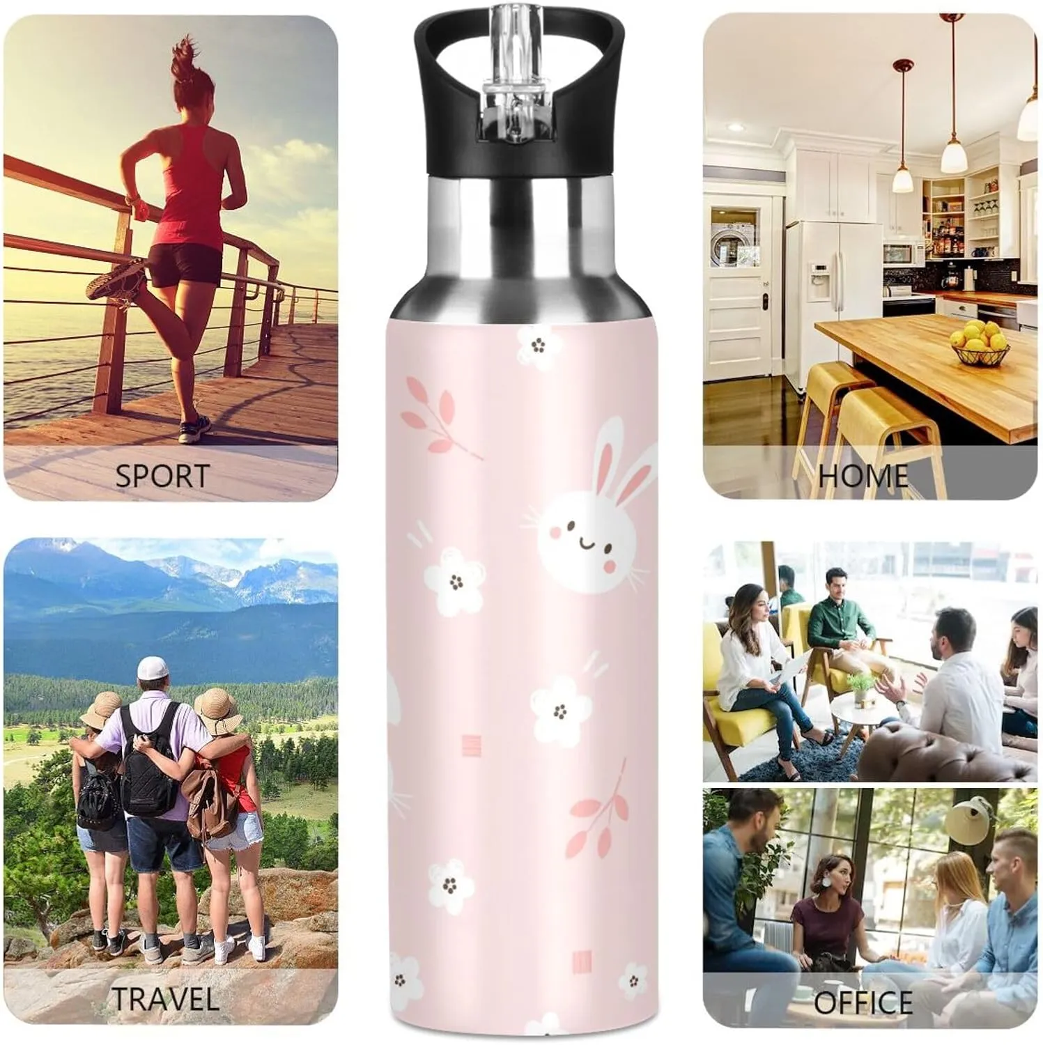 Aslsiy 32oz Sports Water Bottle White Bunny Rabbit Insulated Water Bottle Flower Pink Stainless Steel Gym Bottle Metal Water Flask Thermos